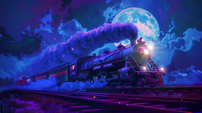 Glowing locomotive with billowing smoke under the full moon on a clear night.
 Seamless looping 4k time-lapse virtual video animation background. Generated AI