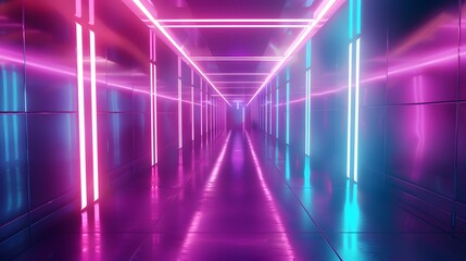 abstract background of futuristic corridor with purple and blue neon lights. 