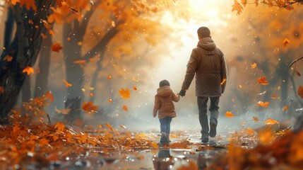 a Father and son running through the field at sunset, Fathers day