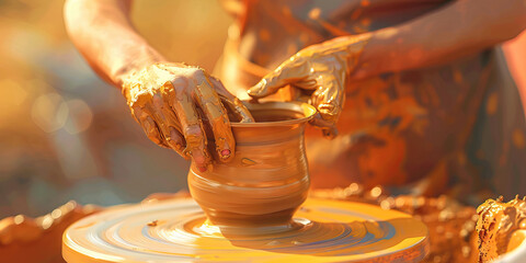 A skilled potter centers clay on their wheel, spinning it expertly to create a beautiful vase