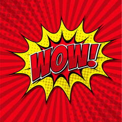 Wow comic lettering. Vector bright cartoon illustration in retro pop art style. Comic text sound effects.