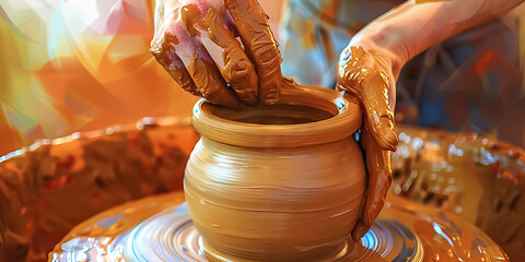 A skilled potter centers clay on their wheel, spinning it expertly to create a beautiful vase