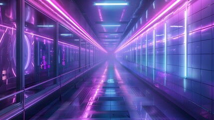 abstract background of futuristic corridor with purple and blue neon lights. 
