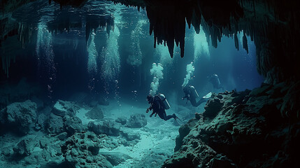 A diver exploring an underwater cave, their flashlight illuminating the rock formations and marine life as they navigate through the cave.
