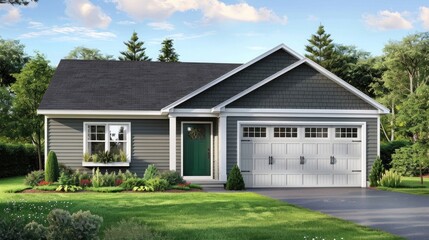 suburban home with green door and grey shingle wall, garage door, driveway, front yard, photo realistic