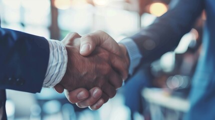 Shot of two businessmen shaking hands in an office. Two smiling businessmen shaking hands while standing in an office. Business people shaking hands, finishing up a meeting - Powered by Adobe