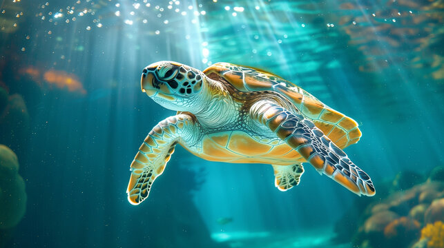 A sea turtle swimming gracefully towards the surface, with sunlight filtering through the water, creating shimmering patterns and illuminating the turtle's shell.
