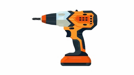 Naklejka premium Orange and Black Cordless Drill Equipment for DIY Projects and Home Improvement on White Background with Drill Text WrittenBOLDCOLORFULVIBRANTHANDHELDPOWERFULEFFICIENTMULTIFUNCTIONAL