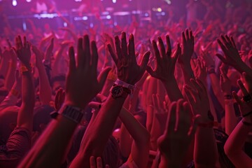 Audience with hands raised at festive party