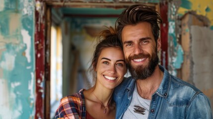 portrait of a young beautiful Caucasian couple doing renovations at home or in an apartment with their own hands. husband and wife against the backdrop of an apartment being renovated