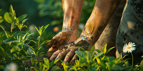 A gardener lovingly tends to their flourishing garden, their hands stained with earth and beauty
