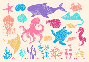 Ocean sea animals cartoon set with grunge effect. Marine comic design for children jellyfish, seashell seahorse, fish. Nautical undersea starfish, turtle octopus, crab, whale, medusa textured vector