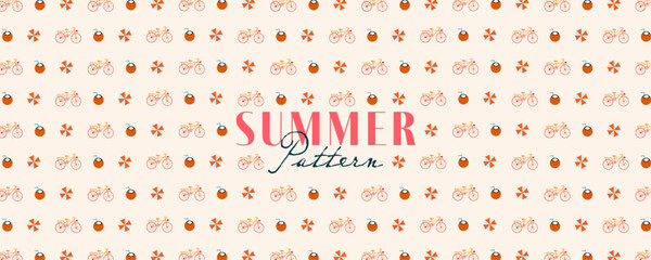Trendy seamless pattern. Modern art minimalist design with coconut, bike, beach and typography. Beautiful summer background patterns  for posters, cover art, flyer, banner.