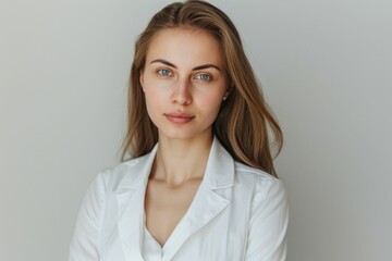 Beautiful young woman in white lab coat posing in portrait for medical fashion shoot on gray background