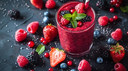 A red fruit smoothie garnished with berries and mint, surrounded by more berries and a straw. 