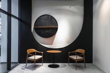 Black angled wall with window ellipse wall hanging white wall shelf table with 2 chairs