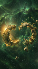 Fototapeta premium A green and orange nebula surrounds a brown planet with a ring of asteroids.