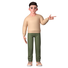 Man character pointing to the  left side with left hand, 3D Character Illustration.