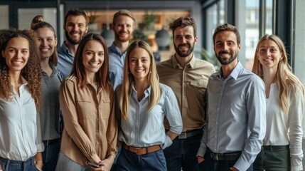 Obraz premium Professional white-collar team smiling confidently in a modern office setting, faces sharply in focus under bright lights, HD close-up of their upper bodies