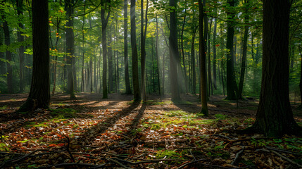 Serene Forest Morning: Sunlight Filtering Through Dense Woodland Canopy Illuminates Tranquil Natural Beauty