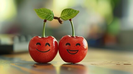 Two couple Cherry with smiley faces on a desk. International Friendship Day Concept.