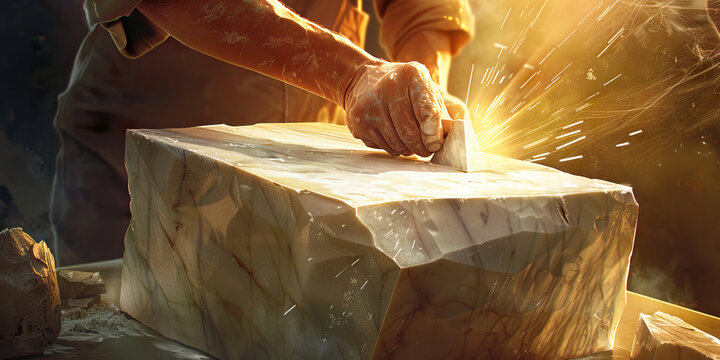 A sculptor chisels away at a block of marble revealing the inner artists mind and head.