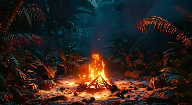 camping in tropical forest with campfire
