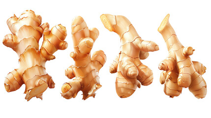 Fresh ginger roots in a row. Perfect for culinary use, health products, or natural remedies. Vibrant ginger root isolated on white background.