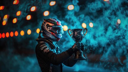 race driver holding the trophy on blue background.
