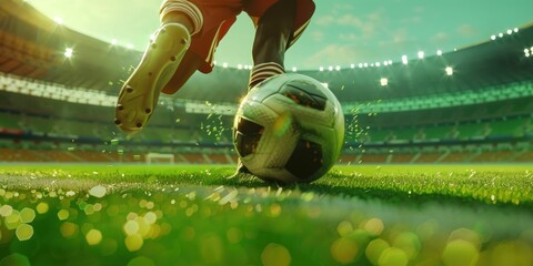 Soccer player kicking ball on green grassy field with stadium in background, sports action and recreation concept
