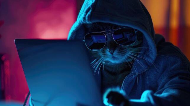 Funny cat in sunglasses working on the laptop in the night. Hacker in hoodie dark theme
