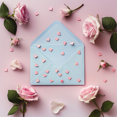 High-Resolution Minimalist Scene: Blue Envelope with Heart-shaped Confetti and Pink Roses