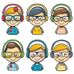Six cartoon children wearing headphones, displaying different hairstyles clothes, looking cheerful. Bright colors, cute expressions, music podcast listening theme. Characters seem engaged, likely