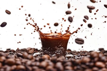 Coffee Splash with Coffee Beans on White Background - generative ai