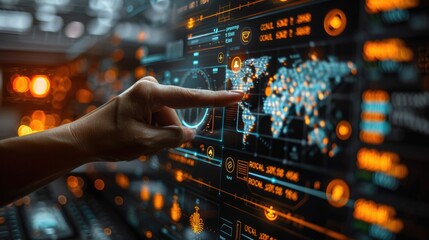 Online banking and digital money concept with man finger on virtual touch screen interface with central bank layout surrounded currency signs: dollar, euro, ruble and yen on abstract background