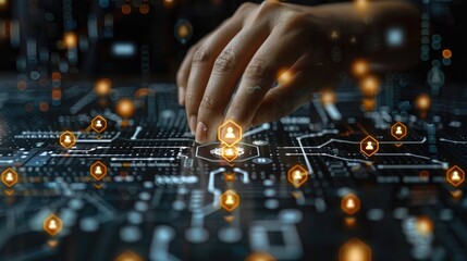 Online banking and digital money concept with man finger on virtual touch screen interface with central bank layout surrounded currency signs: dollar, euro, ruble and yen on abstract background