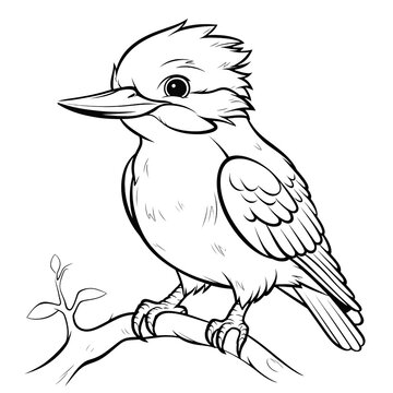 recommend clip art: Coloring page for kids, kookaburra bird on a branch in the style of cartoon drawing with thick lines and low detail on a black background with no shading