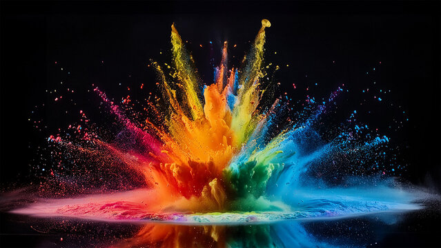 Holi paint rainbow multi colored powder explosion on black background. Abstract 3d explosion wallpaper