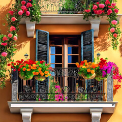 European terrace summer window balcony garden box decorated with many flowers and plants in colored pots 