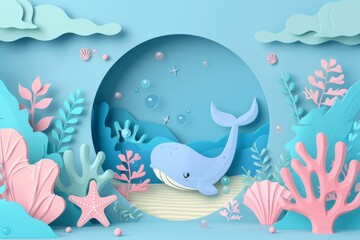 A blue whale is surrounded by a variety of sea creatures and plants
