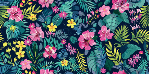 Vibrant pattern of tropical flowers and leaves in pink, yellow, and green against a navy blue background. trendy spring, summer print dress pattern. Beautiful multicolored floral motif. Hand drawn