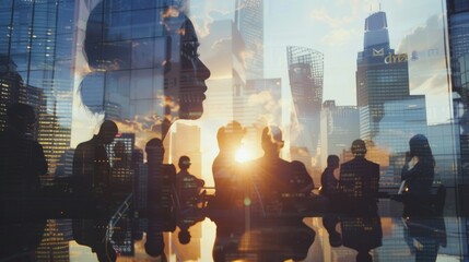 Double exposure image of many business people conference group meeting on city office building in background