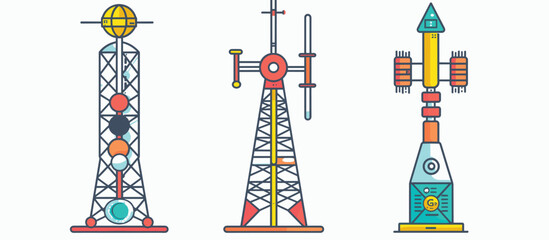 Retro futuristic towers isolated white background, colorful flat design. Cartoon space rocket launch pads communication antennas, space exploration. Detailed science fiction spaceport structures