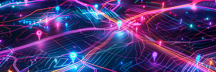 Fototapeta premium 3D rendering of colorful neon light trails and paths moving on a map with location pins and road lines for an underground subway, generative AI