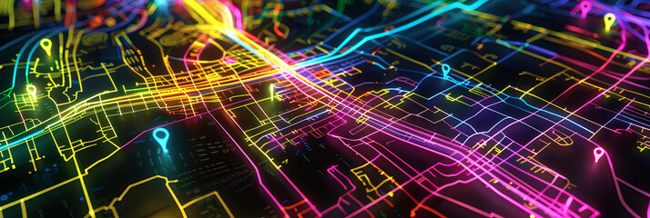 Obraz premium 3D rendering of colorful neon light trails and paths moving on a map with location pins and road lines for an underground subway, generative AI