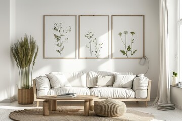 Botanical posters and sofa in white living room