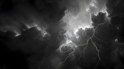 High-contrast image of a thunderstorm with lightning illuminating the sky, with light and shadow creating a dramatic and powerful scene.