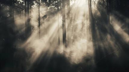 High-contrast image of a dense fog rolling through a forest, with light and shadow creating a mysterious and ethereal atmosphere.