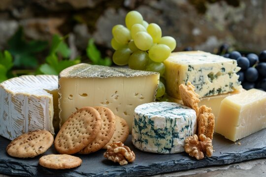 British cheeses with walnuts biscuits and grapes
