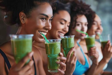 Diverse group enjoying healthy green smoothies in a fitness session